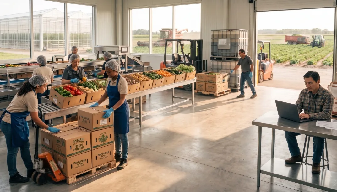 Workers packing and labelling produce in a farm packhouse while a manager reviews records on a laptop nearby.