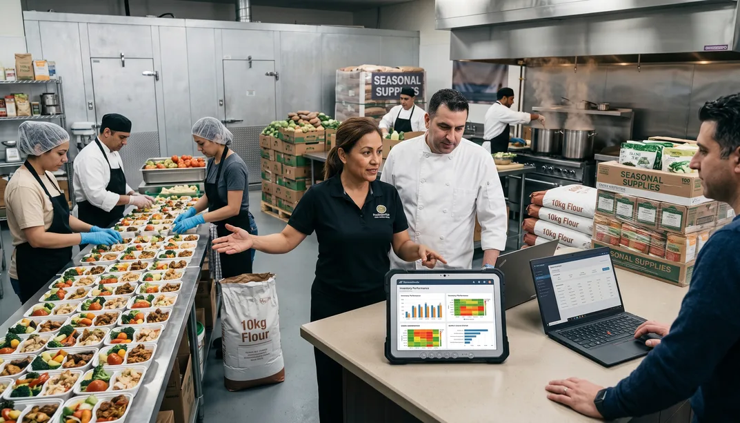 A food and beverage finance leader reviewing AP automation dashboards on a tablet in a commercial kitchen.