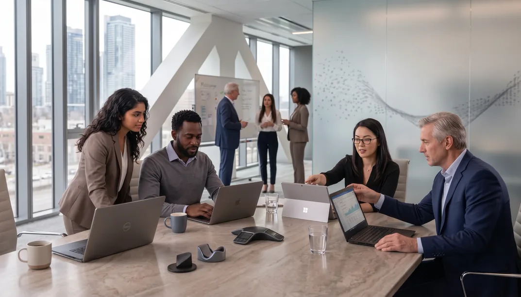 A professional services team reviewing AP automation and workflow data on laptops in a conference room.