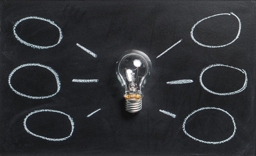 Light bulb surrounded by six chalk circles on blackboard, symbolizing ideas and brainstorming.
