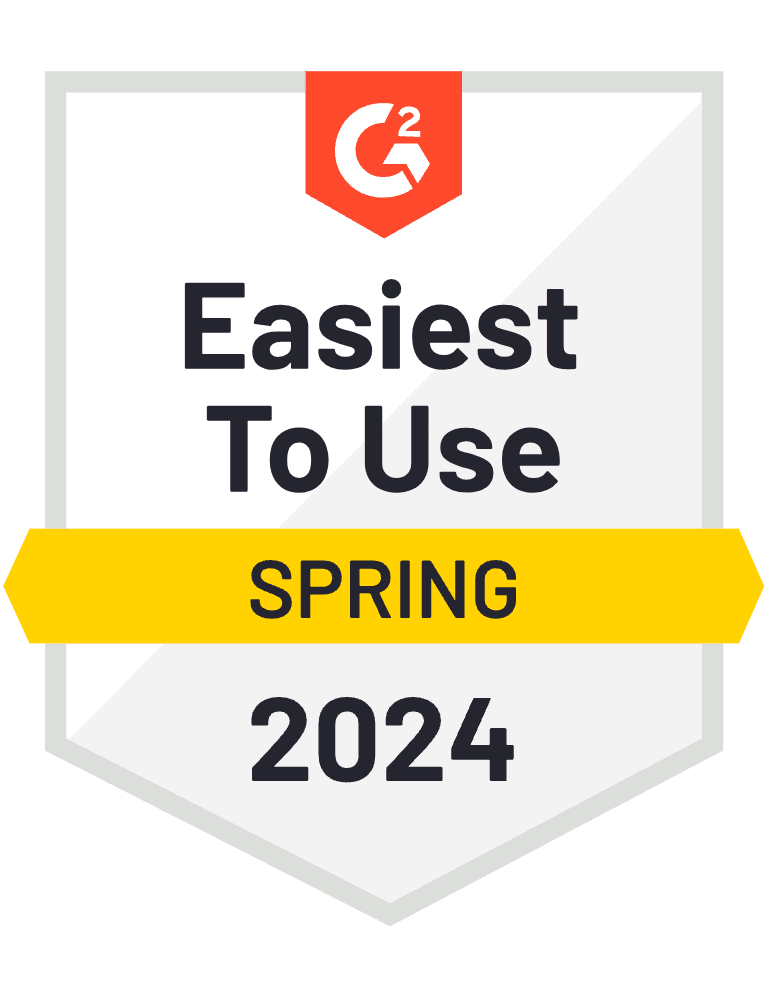 G2 badge for Easiest To Use Spring 2024, featuring a red and yellow design with text on a white shield.